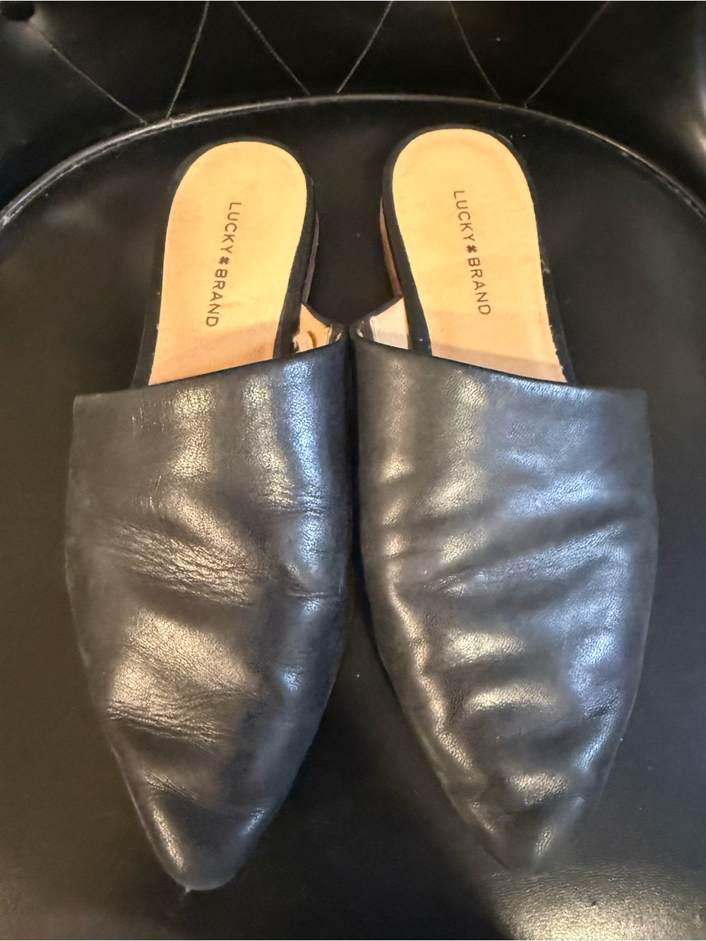 Lucky Brand Black Pointed Leather Slip-On Mules
